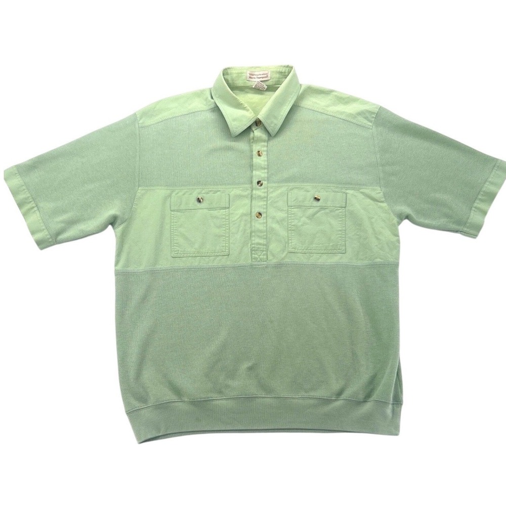 Vintage Norm Thompson Mens Polo Shirt XL Green Banded Hem Ribbed Knit 80's 90's